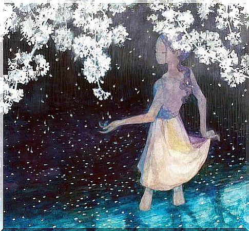 Girl Standing In The Water With White Trees Over Her Head For Whom Distancing Is Necessary