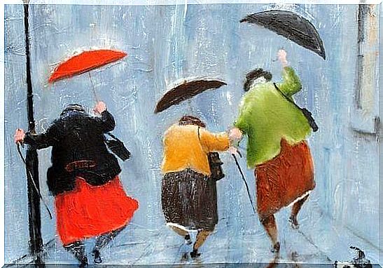 Older Ladies Running Through The Rain