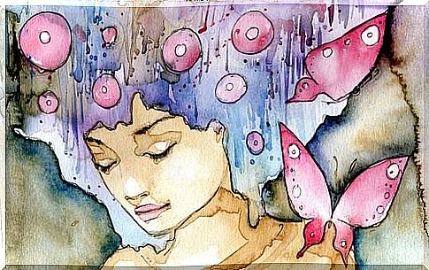 Watercolor painting of girl and butterflies in the theme free yourself from stress