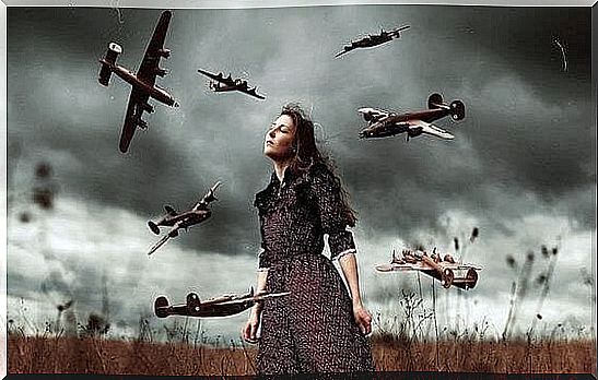 Woman with airplanes around her