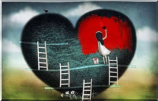 Girl standing on a ladder to paint a very big gray heart red