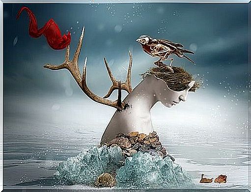 Woman trapped in ice and antlers growing out of her back and a bird on her head